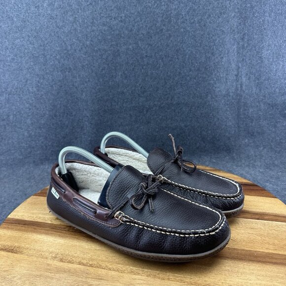 LL Bean Slippers Brown Leather Moccasins Womens 10 Shearling Handsewn 212985 - Picture 2 of 11